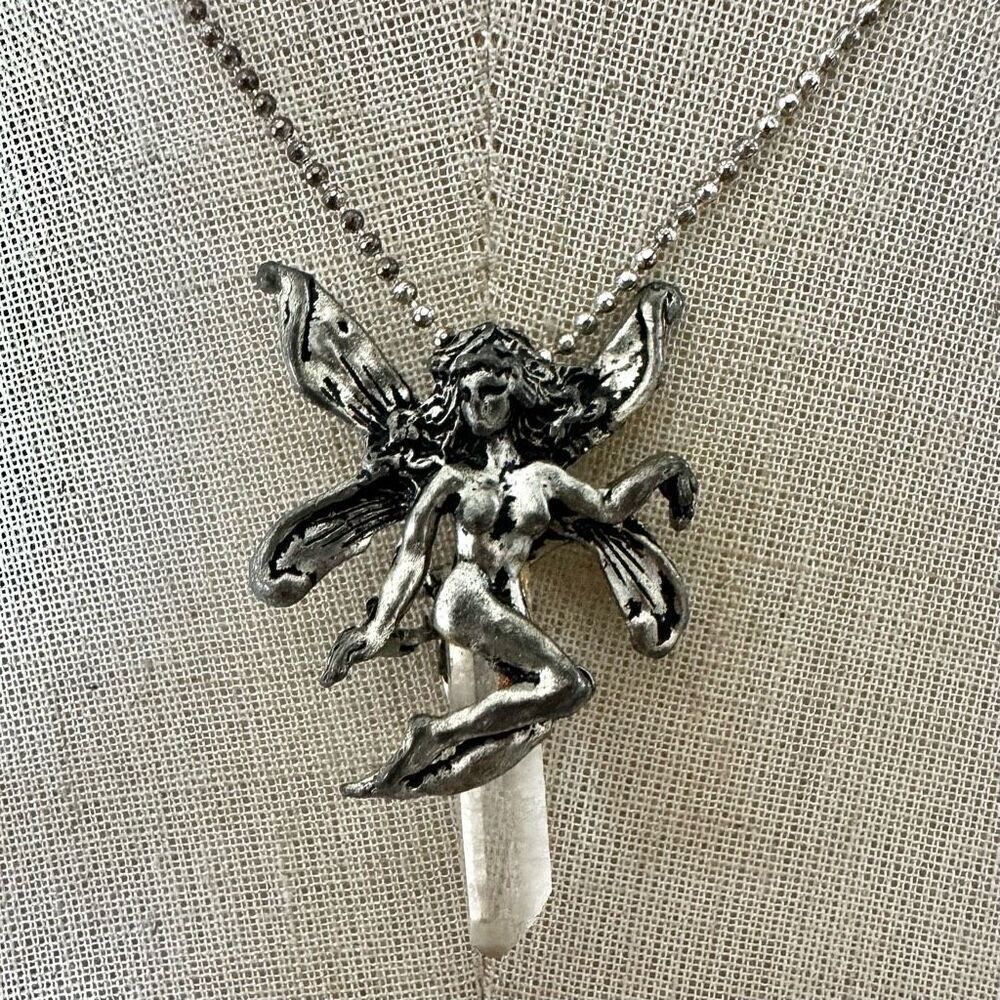 Pewter fairy clear quartz pendant necklace